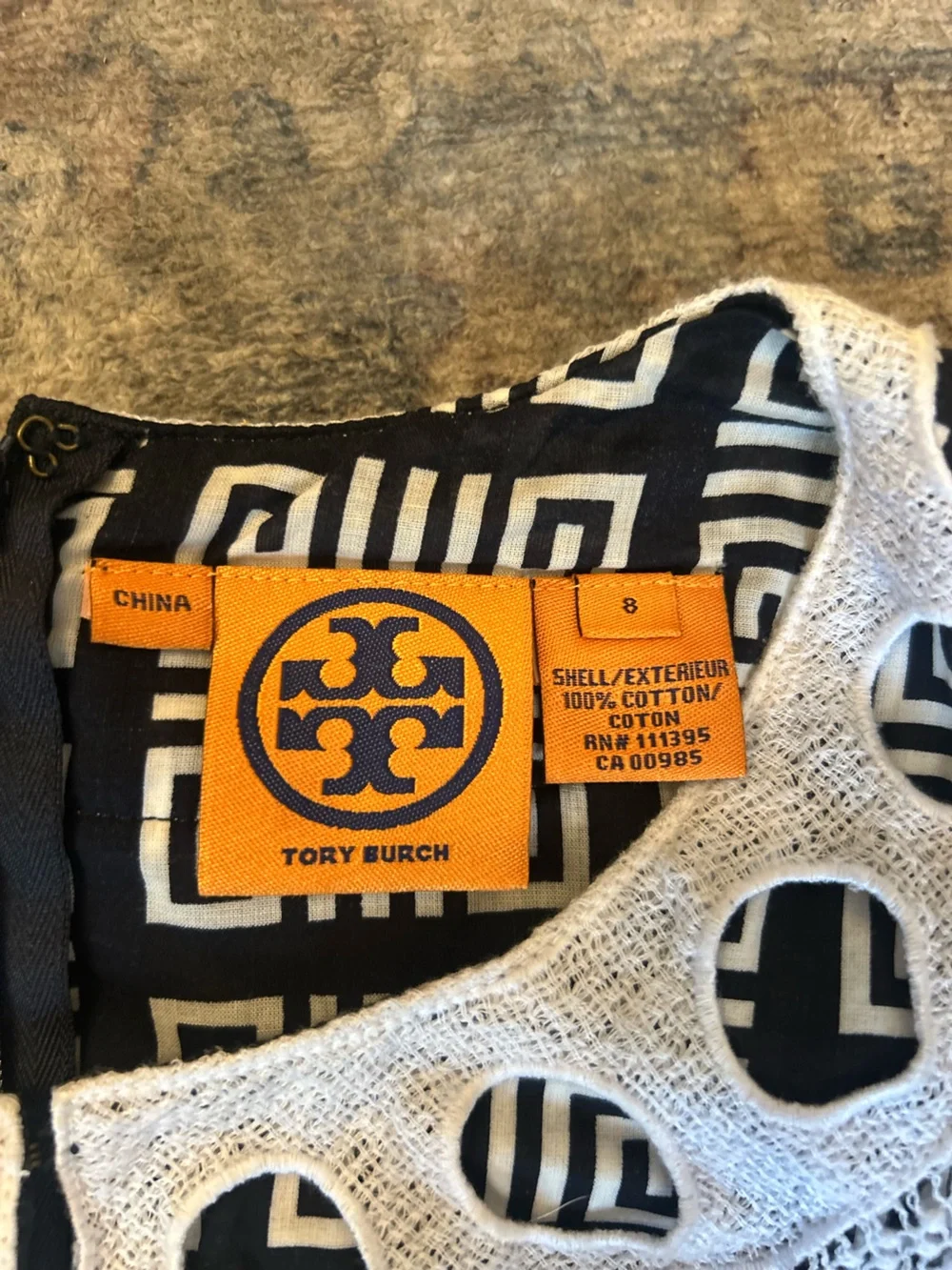 Tory Burch Derelia Black White Geometric Long-Sleeve Top Embroidered Yoke Cotton